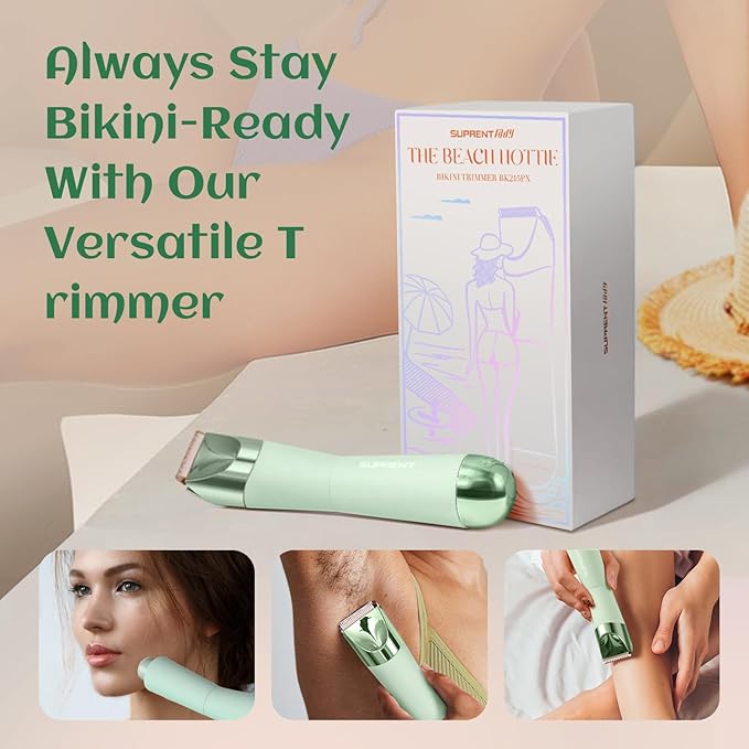 SUPRENT Bikini Trimmer Women - Painless Ladies Hair Removal - Waterproof Wet & Dry - 2 in 1 Lady Shaver for Pubic & Facial Hair - Cordless Electric Razor with USB-C Rechargeable - Green-VivaGrace Women