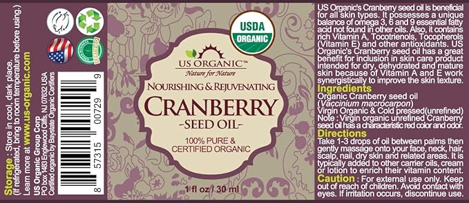 US Organic Cranberry Seed Oil, USDA Certified Organic,100% Pure & Natural, Cold Pressed Virgin, Unrefined in Amber Glass Bottle w/Glass Eyedropper for Easy Application (1 oz (30 ml))-VivaGrace Women