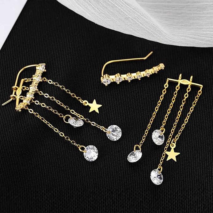 Boho Star Ear Jacket Earrings Gold Cz Star Ear Climber Earrings Crystal Chain Tassel Earrings Crystal Ear Crawler Long Chain Earrings Jewelry for Women and Girls Gifts-VivaGrace Women
