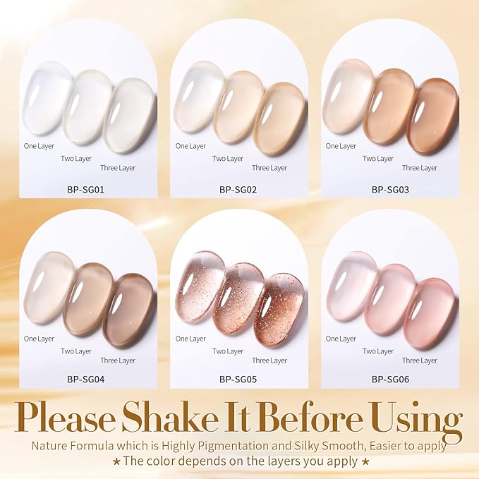 Born Pretty Jelly Gel Nail Polish Nude Set Crystal Transparent Translucent Sheer Clear 6 Colors Gift Collection Manicure Kit-VivaGrace Women