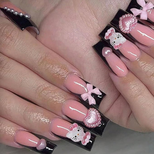 Cute Press on Nails Medium Long Black French Fake Nails Square Pink Glossy 3D Heart False Nail Tips Artificial Nails Finger Manicure for Women and Girls 24pcs