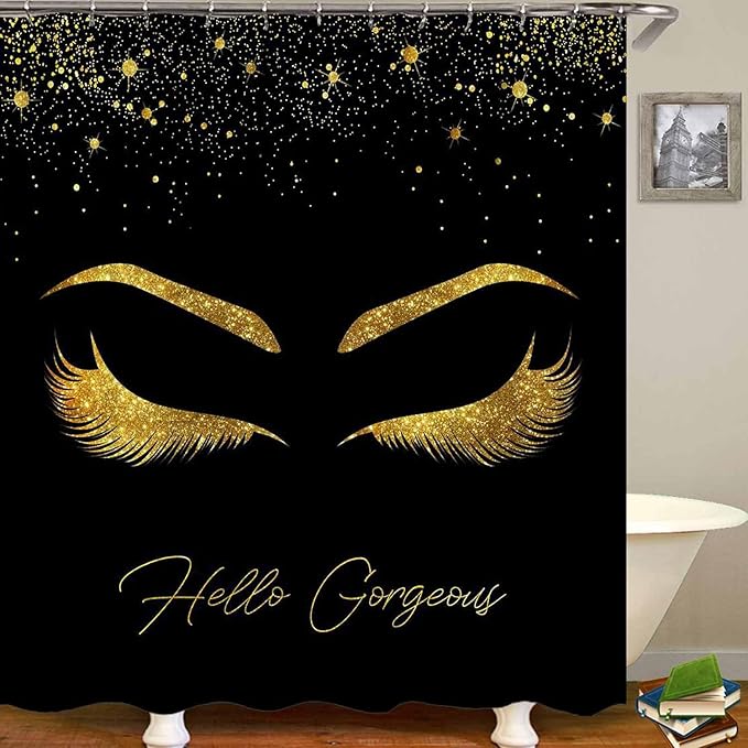 4PCS Unicorn Eyelash Shower Curtain Set, Luxury Gold Glitter Eyebrow Makeup Confetti Hello Gorgeous Glam Modern Fashion Black Women Bathroom Decor, Non-slip Bath Mat Toilet Rug, Gold Eyelash-VivaGrace Women