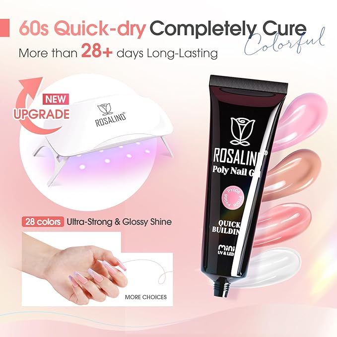 ROSALIND 28 Colors Poly Nail Gel Kit with Mini U V/LED Lamp White Nude Poly Nails Gel Kit Starter Kits With Slip Solution Pink Extensions Set for Nail Manicure Beginner-VivaGrace Women