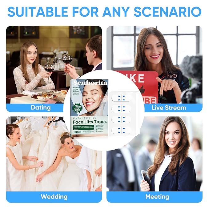 Senhorita Face Lift Tape, 120Pcs Instant Face Lift Tape Invisible, Face Tape Lifting Hide Double Chin and Wrinkles, Lifting Saggy Skin-VivaGrace Women