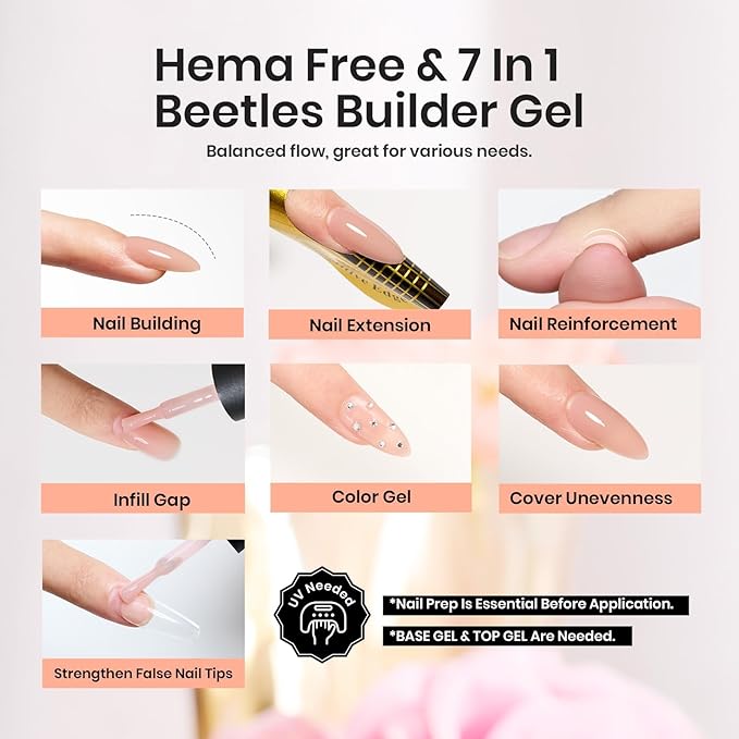 Beetles Builder Gel 7 in 1 Strengthener Gel Nail Polish Nude Color Jelly Beige for Nail Apex and Extension Cover Building Nail Salon DIY Manicure Design-VivaGrace Women