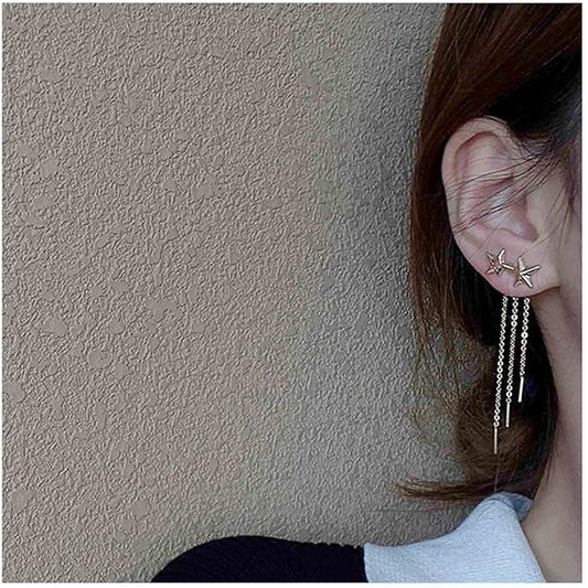 Boho Star Ear Jacket Earrings Gold Thin Bar Tassel Earrings Long Drop Chain Earrings Two Way Double Sided Earrings Jewelry for Women and Girls-VivaGrace Women