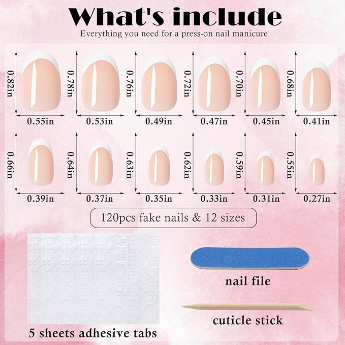 AddFavor French Tip Press on Nails Short Oval Fake Nails, 120pcs White French Tips Nails Press on Almond Nude False Acrylic Nails for Women and Girls