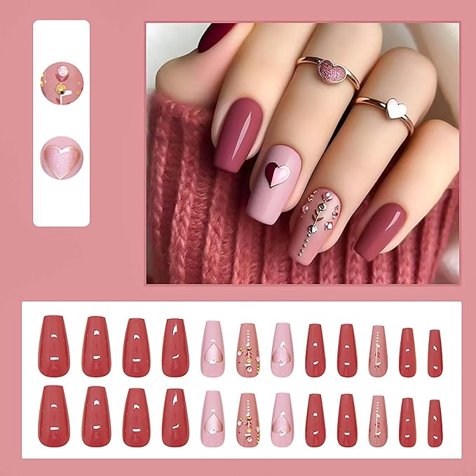 Coffin Press on Nails Medium Fake Nails Red False Nails with Glitter Heart Designs Fall Nail Press ons Glossy Artificial Nails Full Cover Glue on Nails Cute Stick on Nails for Women 24Pcs