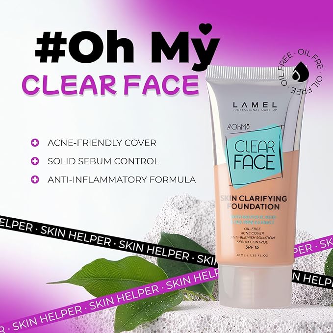 Lamel- Oh my Clear Face Foundation-405 Buff Beige | Contains tea tree extract and salicylic acid |Controls sebum production |Anti-blemish formula |Oil free foundation | 40ml-VivaGrace Women