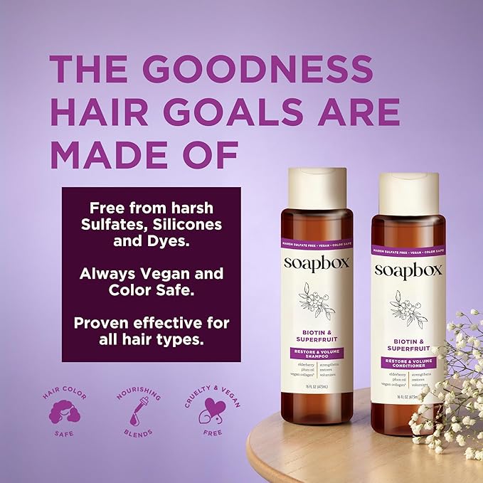 Soapbox Biotin & Superfruit Shampoo & Conditioner Set with Vegan Collagen, Aloe and Shea Butter, Pack of 2 Harsh Sulfate Free, Paraben & Silicone Free, 16 Ounces Each-VivaGrace Women