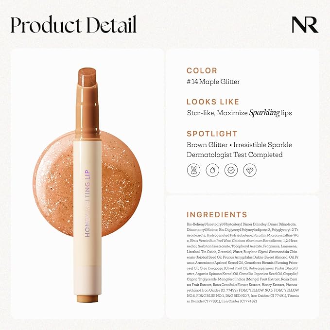 Nature Republic HONEY MELTING LIP GLITTER (14 MAPLE) SOFT LIP STICK Hydrating Gloss, Moisturizing balms, Shine Glimmer Finish, Shimmery-Sheer tint, korean make up-VivaGrace Women