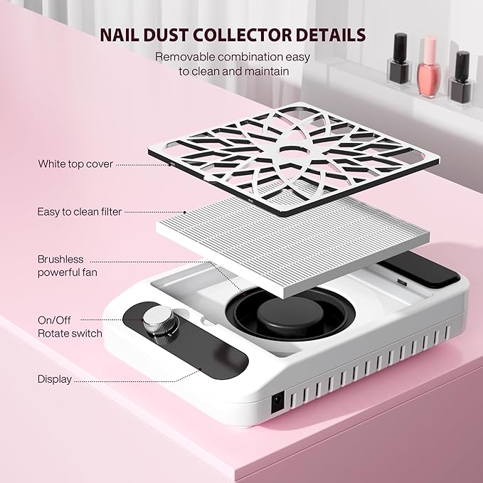 Nail Dust Collector for Nail Techs,Compact & Quiet Vacuum Fan Dust Collector with Reusable Filter, Powerful Dust Suction Machine,Nail Tech Must Haves for Gel Polish,Pedicures,Salon & Home Use-VivaGrace Women