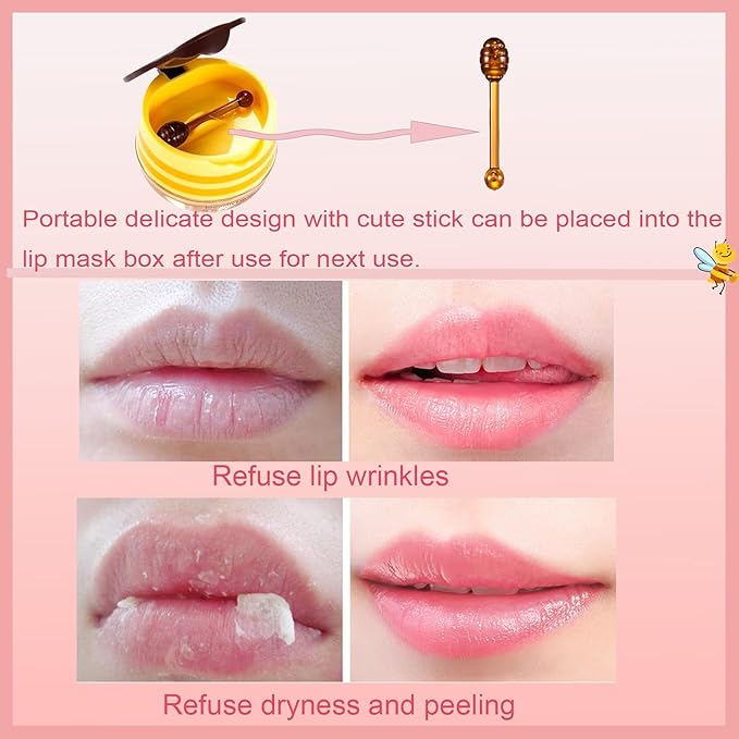 1 PCS Bee Lip Balm Honey Pot, Exfoliating Honey Bee Lip Balm Sleeping Lip Mask Overnight with Sticks, Honey Pot Lip Balm Prevention Dry Hydrating and Crack Lip Scrubs-VivaGrace Women