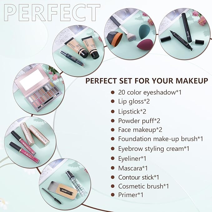 All in One Makeup Kit for Women Full Kit Includes Palette Foundation & Face Primer, Makeup Brush Makeup Sponge, Eyebrow Soap, Winged Eyeliner Stamp 20 Colors Eyeshadow Gift Set for Women, Girls & Teen-VivaGrace Women