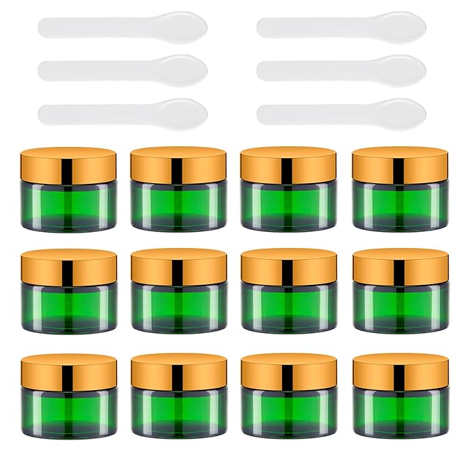 Lil Ray 1 oz Round Green Glass Jar with Inner Liners and Gold Lid (12pcs)-VivaGrace Women