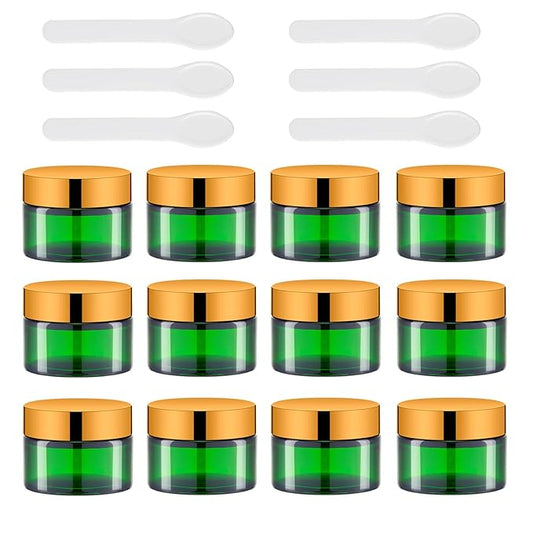 Lil Ray 1 oz Round Green Glass Jar with Inner Liners and Gold Lid (12pcs)-VivaGrace Women