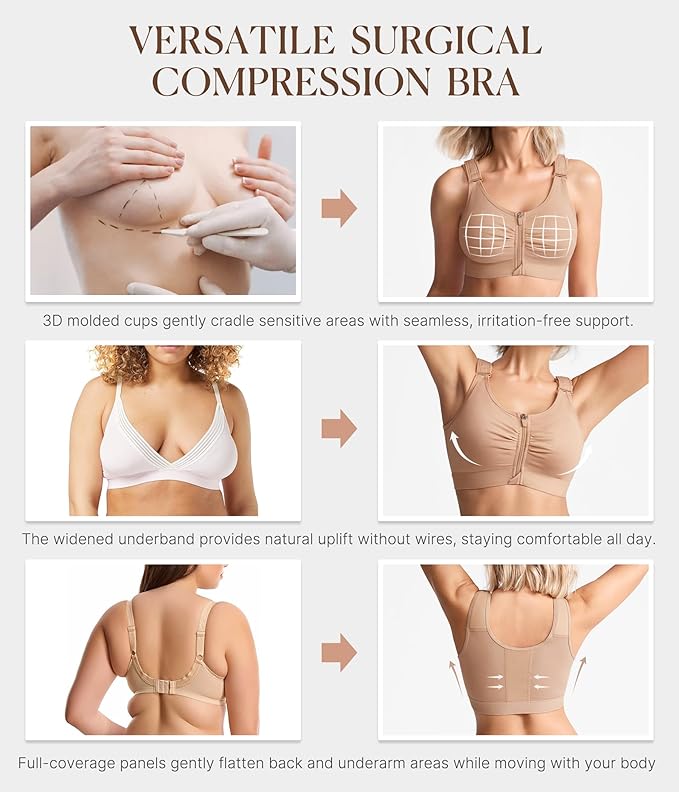 BRABIC Zip Front Closure Everyday Bra for Women Post Surgery Compression Support with Adjustable Straps Wirefree-VivaGrace Women