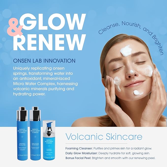 Quench 7 Piece Skincare Set - Japanese Onsen Volcanic Hydration and Anti Aging Skin Care Set with Cleanser, Facial Peel, Moisturizer, Night Cream-VivaGrace Women
