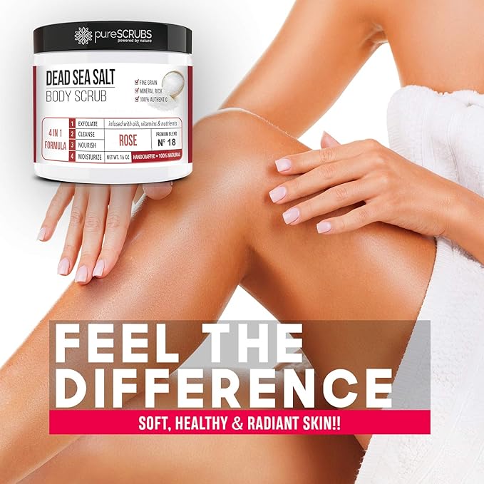 pureSCRUBS Premium Rose Body Scrub Set - Large 16oz Dead Sea Salt Body Scrub With Infused Essential Oils & Nutrients, Includes Wooden Spoon, Loofah & Oatmeal Exfoliating Bar Soap-VivaGrace Women