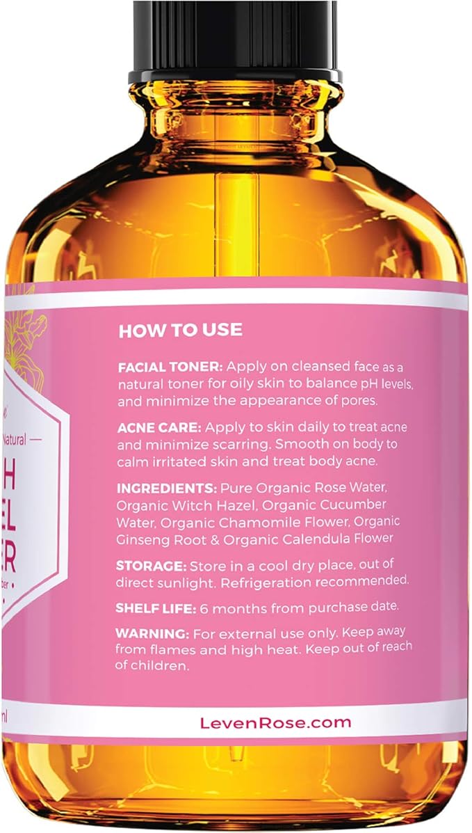 Witch Hazel Alcohol Free Toner by Leven Rose, 100% Pure Organic Facial Rose Water with Rose Petals, Calendula, Cucumber, and Chamomile Flower 4 oz-VivaGrace Women