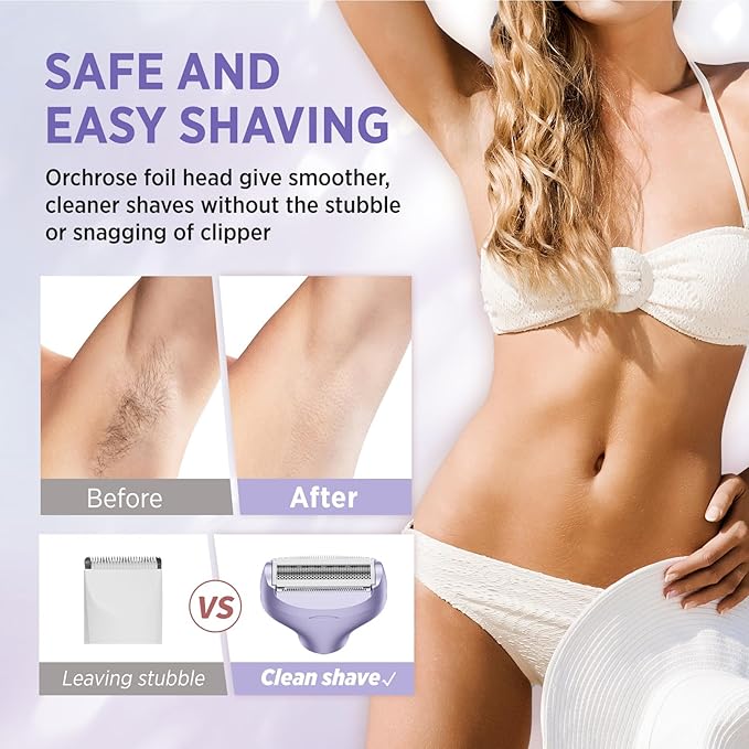 Electric Razor for Women Body: Rechargeable Painless Electric Shaver for Bikini Face Body Legs Underarms - 3-in-1 Blade and Rotary Shaving Head (Purple)-VivaGrace Women