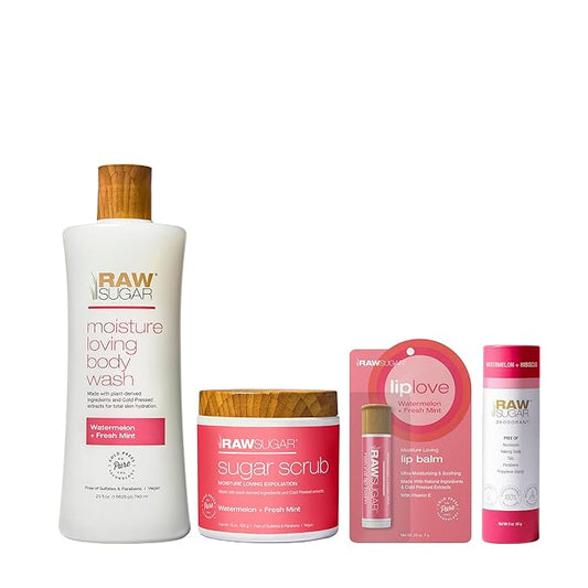 Raw Sugar Watermelon + Fresh Mint Nourishing Body Love Bundle - Body Wash, Body Scrub, Lip Balm & Deodorant, Clean, Made with Plant-Derived Ingredients, Formulated without Sulfates and Parabens-VivaGrace Women