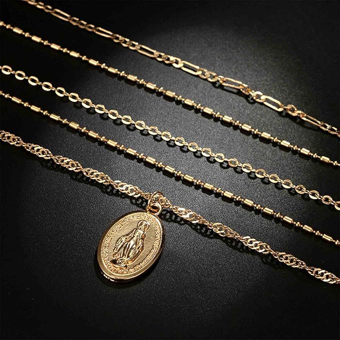 Boho Layered Oval Coin Necklace Choker Gold Virgin Mary Necklace Figaro Chain Necklace Vintage Multilayer Necklace Chain Jewelry for Women and Girls-VivaGrace Women
