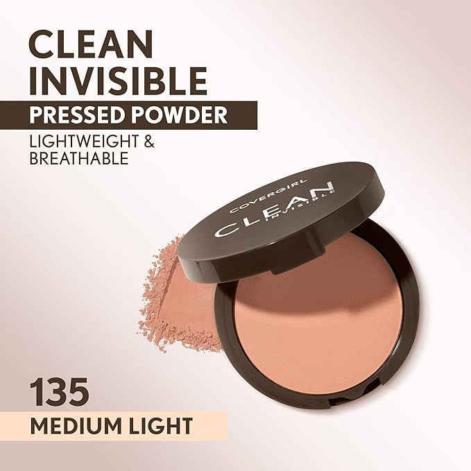 Covergirl Clean Invisible Pressed Powder, Lightweight, Breathable, Vegan Formula, Medium Light 135, 0.38oz-VivaGrace Women