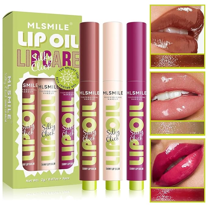 3 Colors Fat Lip Oil Click Slick, Moisturizing and Long-lasting Lip Balm, Non-stick and High Pigment Lip Glow Oil, Lightweight Lip Plumper with Coconut Oil (Set: B)-VivaGrace Women