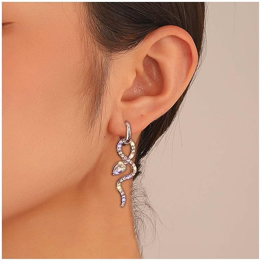 Gothic Crystal Snake Drop Earrings Silver Serpent Earrings Punk Snake Hoop Earrings Unusual Halloween Earrings Jewelry for Women and Girls-VivaGrace Women