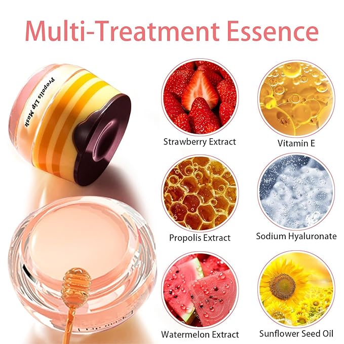 3 Pcs Honey Lip Balm, Bee Lip Balm Honey Pot,Moisturizing Lip Mask Overnight,Hydrate Repair Prevent Dry Cracked Lip Care (Honey+Strawberry+Watermelon)-VivaGrace Women