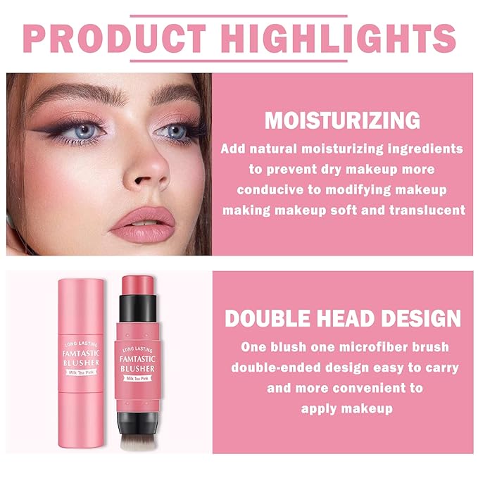 Cream Blush Stick with Brush,Waterproof Blush Makeup,Long Lasting 3 In 1 Cheek Blush & Lip Tint & Eye Shadow Makeup Stick,Easy To Use Blends Effortlessly,Cream Blush Makeup for All Skin Tones - Cherry Pink-VivaGrace Women