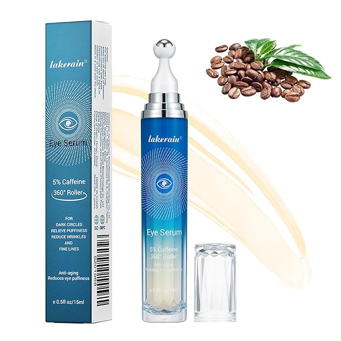 5% Caffeine Eye Serum with 360° Eye Massage Roller Eye Serum for Dark Circles & Relieve Puffiness, Reduce Wrinkles and Fine Lines, Eye Bags, Tighten Lifting Brightening Under Eye Cream-0.5 OZ-VivaGrace Women