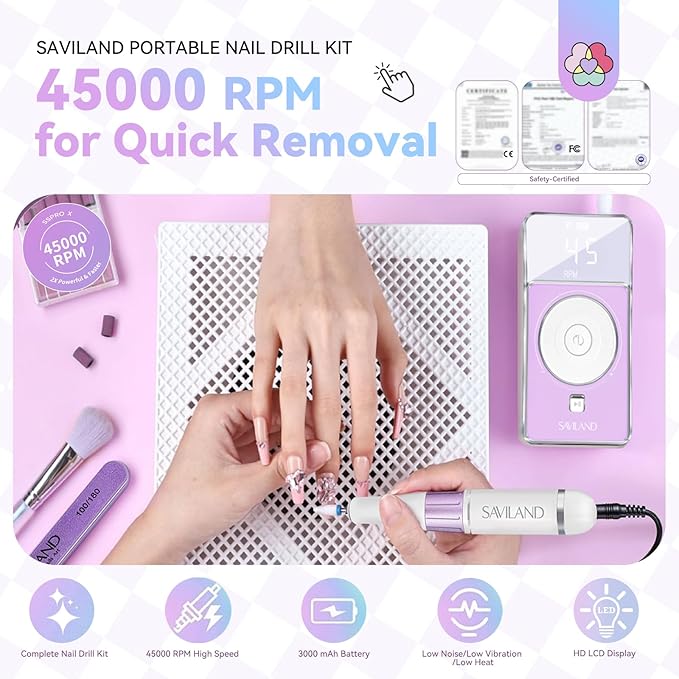 SAVILAND SSPro X-Drill Nail Drill Professional: 45000 RPM Quick Removal for Acrylic Nails Electric Nail File 3000 mAh Nail Drill Kit Portable EFile with Ceramic Bits Sanding Bands Nail Tech Salon-VivaGrace Women