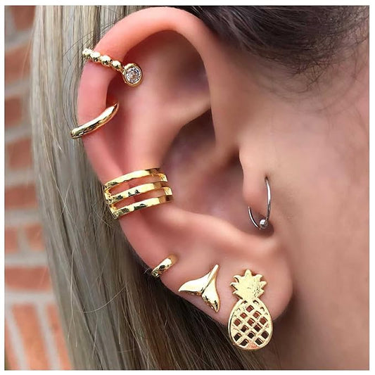 Bohemia Pineapple Mermaid Tail Studs Earrings Gold Wide Cuff Earrings Fake Helix Ear Cuff Earrings Gold Cartilage Clip on Wrap Earrings Non pierced Multiple Earrings Set Set for Women and Girls-VivaGrace Women