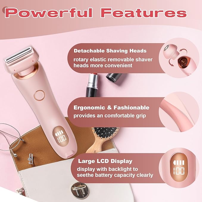 Livora Electric Shaver for Women,2 in 1 Wet & Dry Painless Hair Removal with 2 Removable Heads,Rechargeable Cordless Womens Razor for Bikini,Legs,Arms,Underarm Area,IPX7 Waterproof(Pink)-VivaGrace Women