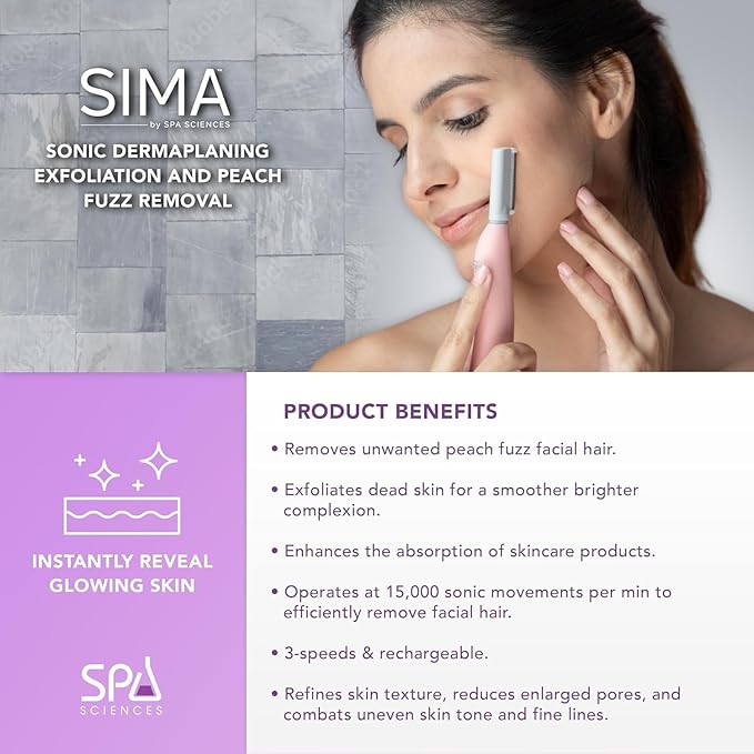 SPA SCIENCES - SIMA Patented Dermaplane Razor for Women Face – Painless 2-in-1 Facial Exfoliation & Peach Fuzz Hair Removal – Anti-Aging – 3 Speeds – Rechargeable – 7 Weeks Treatment-VivaGrace Women