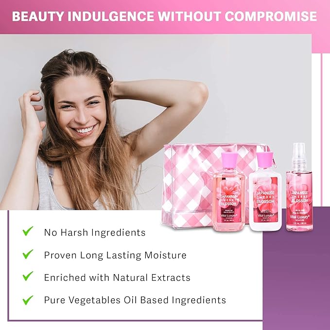 Bath & Body Care Travel Set - Home Spa Set with Body Lotion, Shower Gel and Fragrance Mist (Japanese Cherry Blossom)-VivaGrace Women