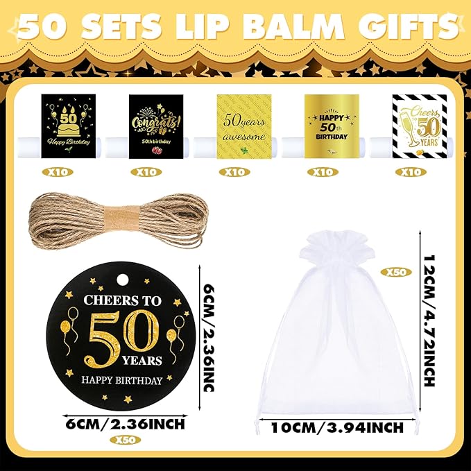 50 Sets Birthday Favors Lip Balm Gifts Bulk Moisturizing Lip Balm with 50 Organza Drawstring Gift Bag 50 Tags Birthday Party Supplies Gifts Bulk for Men and Woman (50th Birthday)-VivaGrace Women
