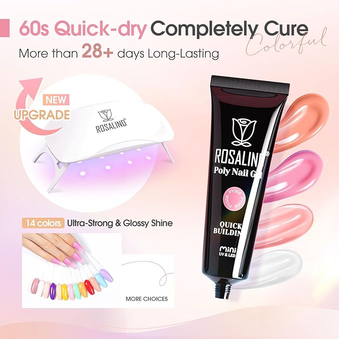 ROSALIND Poly Nail Gel Kit -14 Colors +72 Nail Art Accessories kit Nude Pink Poly Nails Gel Kit Starter Kit with Mini UV Lamp Slip Solution Basic Poly Nail Art Tools for Beginners with Everything-VivaGrace Women