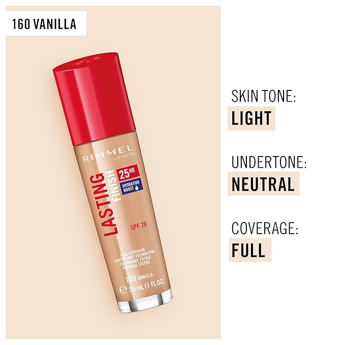 Rimmel London Lasting Finish 25HR - 160 Vanilla - Foundation, 25-Hour Wear, Full Coverage, Waterproof, 1oz-VivaGrace Women
