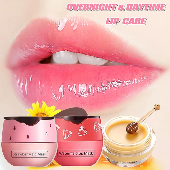 3 PCS Bee Lip Balm Honey Pot, Honey&Strawberry&Watermelon Lip Sleeping Mask Hydrating Prevention Dry and Cracked Lip Scrubs Exfoliator Lip Care, Overnight Lip Mask Reduces Lip Lines-VivaGrace Women