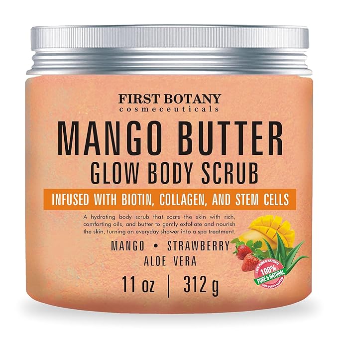 Mango Butter Body Scrub Exfoliator Biotin, Collagen, Stem Cells - Natural Exfoliating Salt Scrub & Body and Face Souffle helps with Moisturizing Skin, Acne, Cellulite, Dead Skin Scars, Wrinkles- 11 oz-VivaGrace Women
