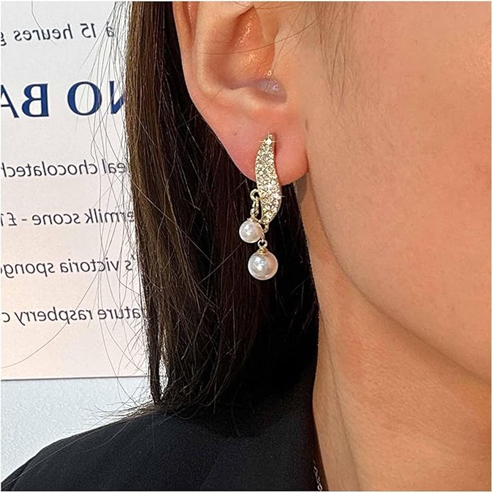 Vintage Crystal Pearl Drop Earrings Sparkly Leaf Earrings Rhinestone Pearl Dangle Earrings Gold Cz Spiral Leaf Earring Jewelry for Women-VivaGrace Women