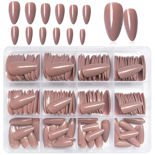 LoveOurHome 240pc Almond Press on Nails Medium Fake Nail Tips Brown Acrylic Nails Press ons Nail Almond Short Stiletto False Nail French Artificial Fingernail & Adhesive Tabs Glue for Women Girls