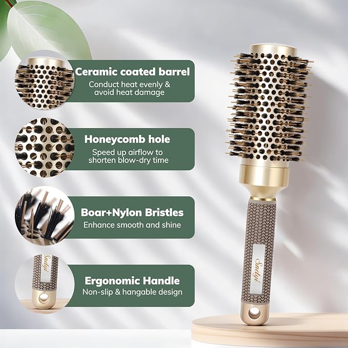 Nano Thermal Ceramic Round Hair Brush with Boar Bristles for Blow Drying and Styling by Sndyi - 2.9 Inch Barrel-VivaGrace Women
