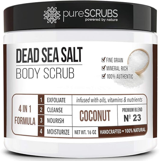 pureSCRUBS Premium Coconut Body Scrub Set - Large 16oz Dead Sea Salt Body Scrub With Infused Essential Oils & Nutrients, Includes Wooden Spoon, Loofah & Oatmeal Exfoliating Bar Soap-VivaGrace Women