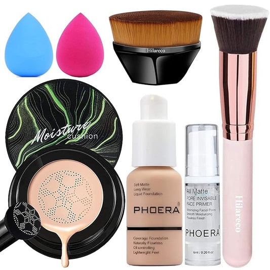 PHOERA Foundation,Mushroom Head Air Cushion CC Cream Natural Foundation,PHOERA Makeup Foundation Full Coverage,Phoera Face Primer, Foundation Brush (105 Sand + 05 Sand CC)-VivaGrace Women