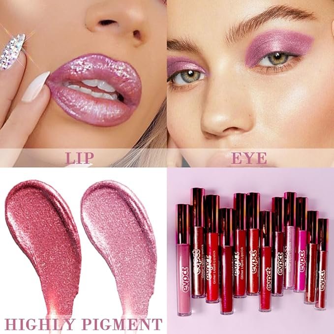 evpct 2Pcs Wine Red Plum Red Matte to Glitter Liquid Lipstick Set Kit for Women Long Lasting Glossy Metallic Shimmer Sparkle Lipstick Lip Gloss 6+15-VivaGrace Women