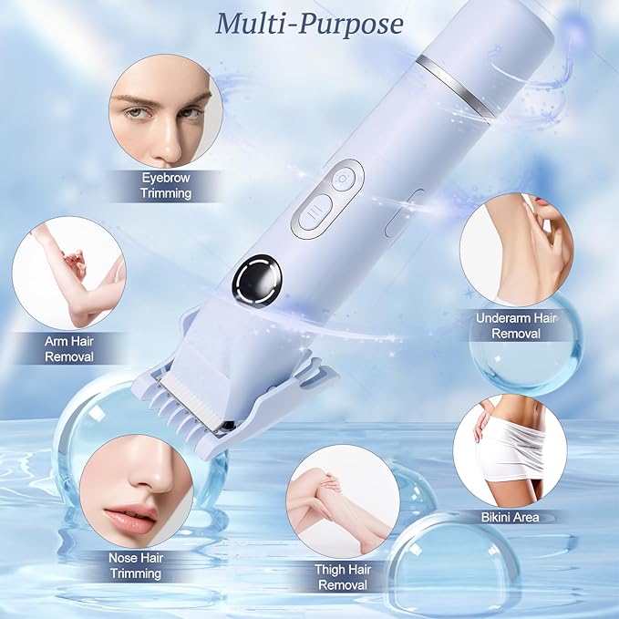 Bikini Trimmer for Women, 4 in 1 Wet/Dry Electric Razors for Women - Dual Head, Painless Rechargeable Portable Womens Razors for Shaving Set for Face, Nose, Eyebrows, Armpits, Bikini Area (Blue)-VivaGrace Women